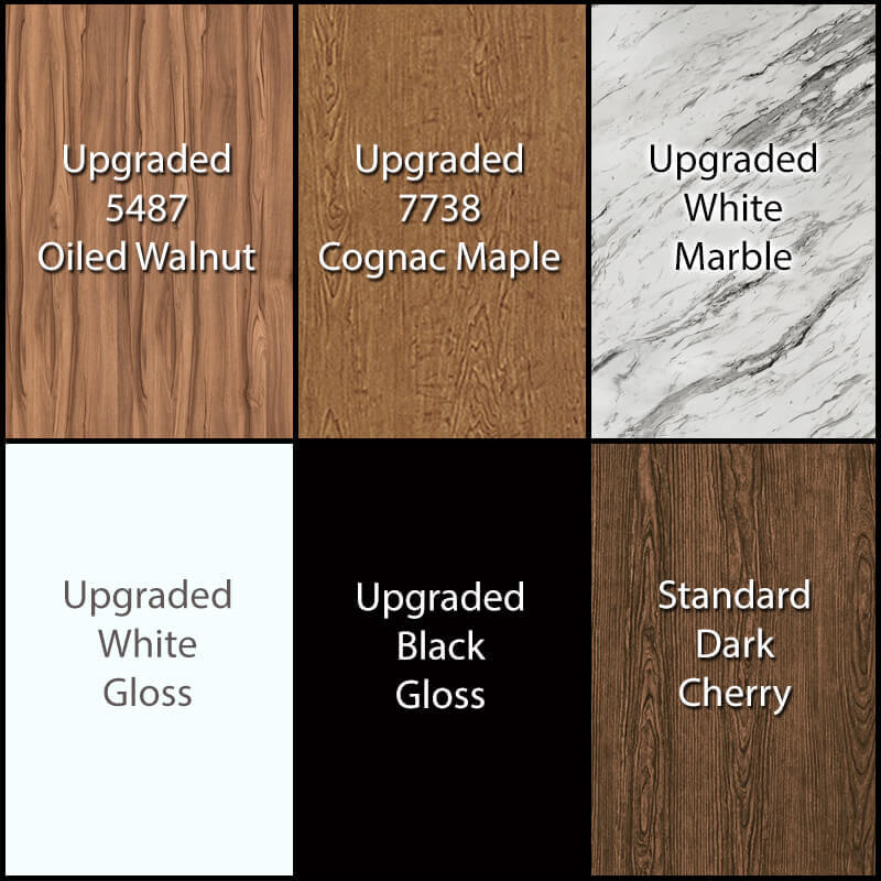 Gulfstream base laminate colors: Oiled Walnut, Cognac Maple, White Marble, Gloss White, Gloss Black and Dark Cherry