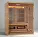 "Spacious 3-person indoor hybrid sauna by Golden Designs featuring infrared and traditional heating systems, crafted from Canadian Hemlock."