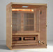 "Spacious 3-person indoor hybrid sauna by Golden Designs featuring infrared and traditional heating systems, crafted from Canadian Hemlock."