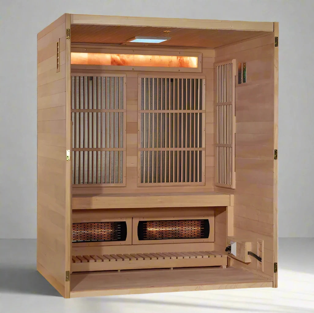 "Spacious 3-person indoor hybrid sauna by Golden Designs featuring infrared and traditional heating systems, crafted from Canadian Hemlock."