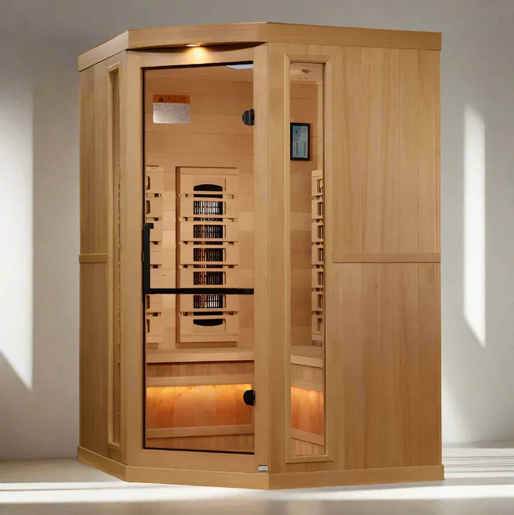 "Three friends enjoying a soothing infrared session in the Golden Designs Harboria 3-Person Corner Infrared Sauna, enriched with Himalayan salt bars and Near Zero EMF technology."