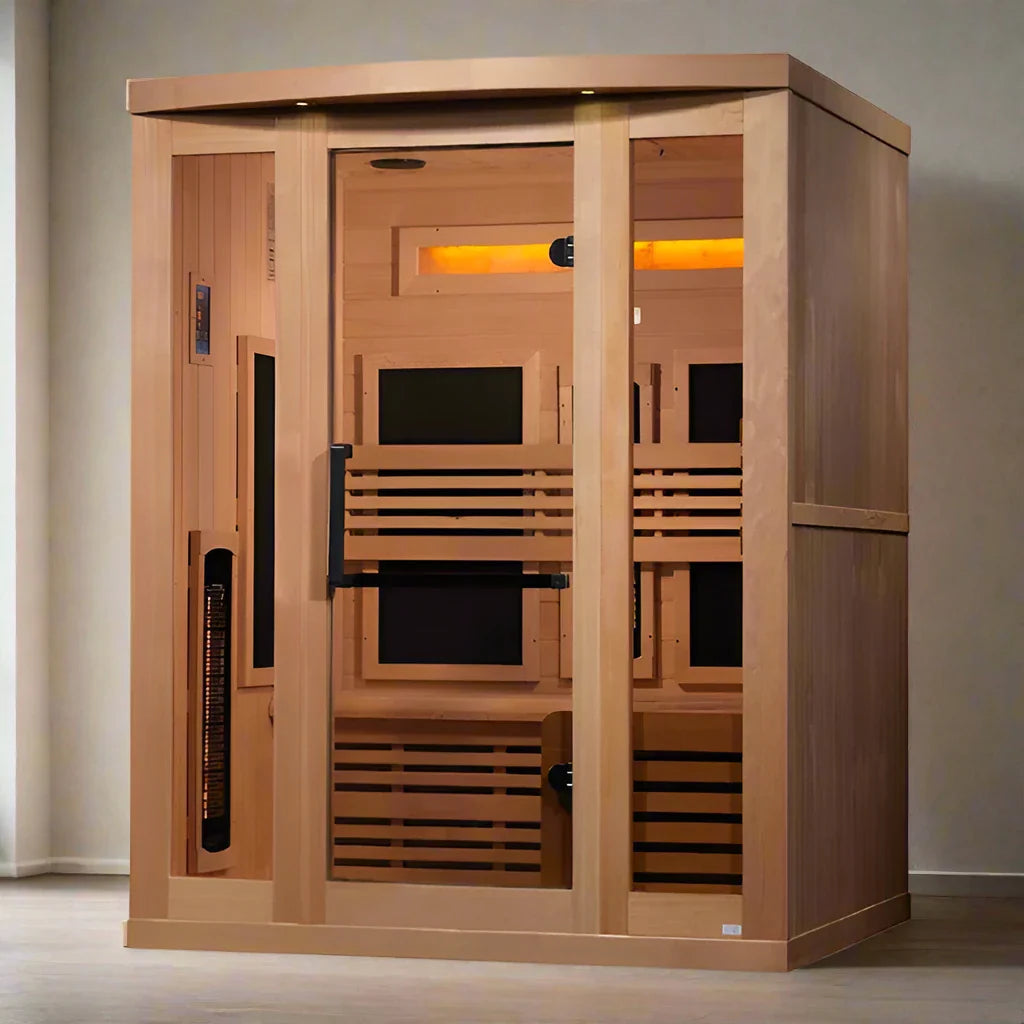 Golden Designs 3-Person Full Spectrum PureTech™ Near Zero EMF FAR Infrared Sauna with Himalayan Salt Bar (Canadian Hemlock)