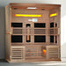 A spacious 6-person infrared sauna by Golden Designs, featuring PureTech™ Near Zero technology for full-spectrum heat therapy. Made with premium materials, it offers ample seating, a modern glass door, and ambient interior lighting for a luxurious wellness experience.