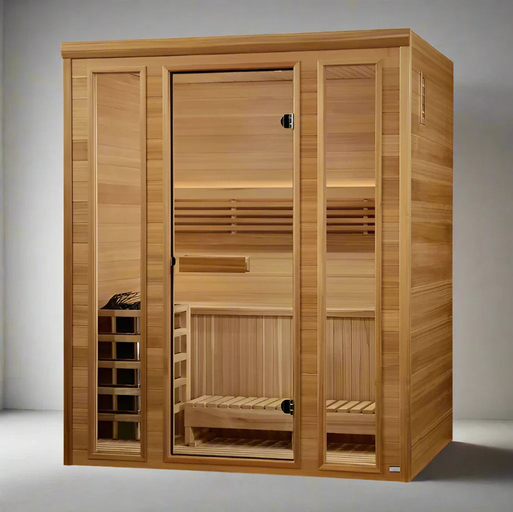 "Andermatt 2-3 person traditional steam sauna by Golden Designs, featuring luxurious Pacific Premium Clear Cedar and modern amenities."