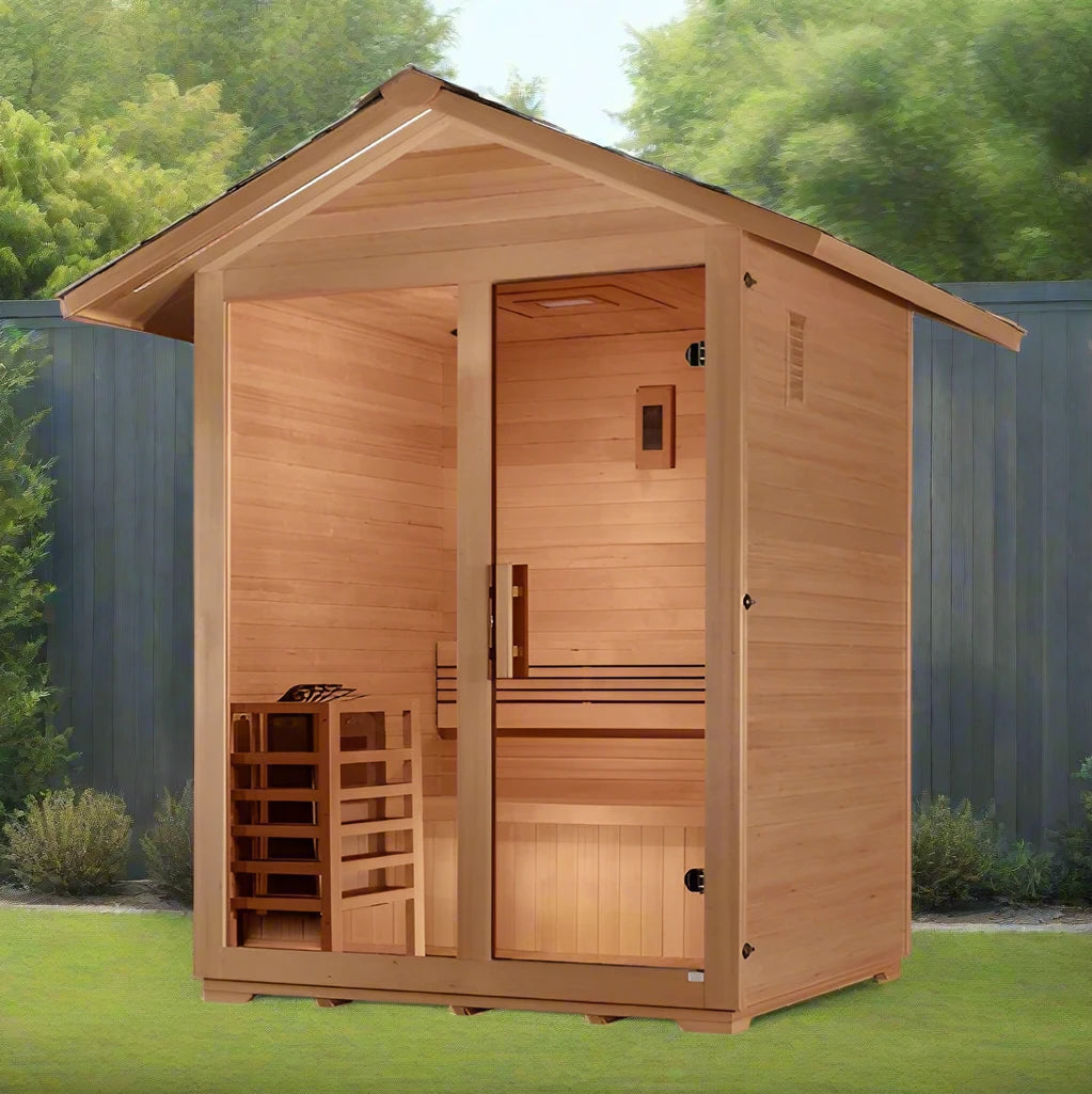 "Golden Designs 'Arlberg' 3-Person Outdoor Sauna in Canadian Hemlock with Chromotherapy Lighting."