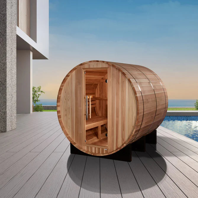 "Golden Designs 'Arosa' 4-Person Outdoor Barrel Steam Sauna in Pacific Cedar with Privacy Glass Door and White Lighting."