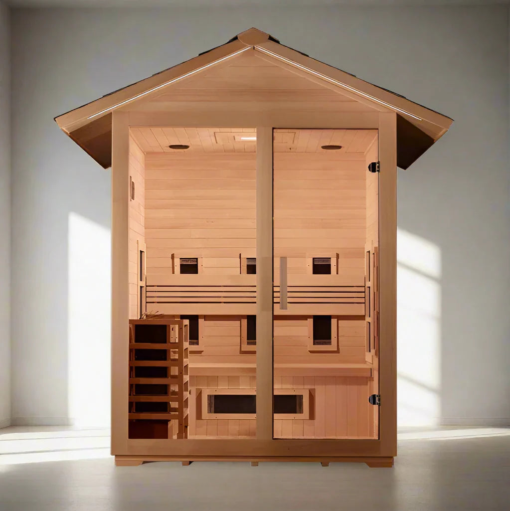 Golden Designs "Carinthia" 3 Person Hybrid (PureTech™ Full Spectrum IR or Traditional Stove) Outdoor Sauna - Canadian Hemlock