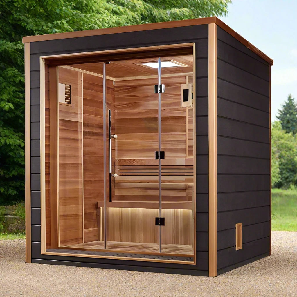 "Golden Designs Drammen 3-Person Outdoor Traditional Sauna with Canadian Red Cedar interior and state-of-the-art Chromotherapy lighting."