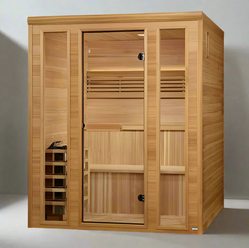 "Engelberg 4-6 person traditional steam sauna by Golden Designs, featuring exquisite Pacific Premium Clear Cedar and modern amenities."