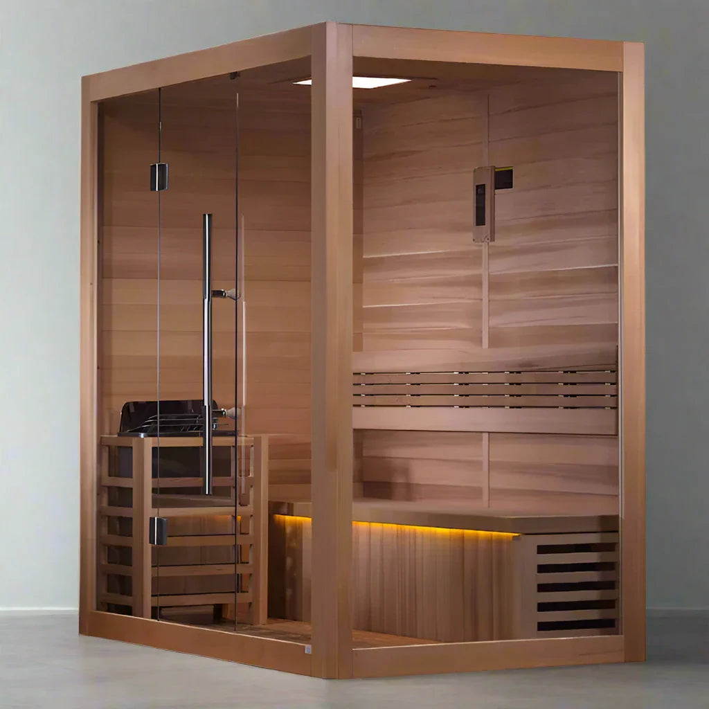 "Relaxing Golden Designs Forssa 3-Person Indoor Sauna with Canadian Red Cedar Interior, featuring soothing chromotherapy lighting."