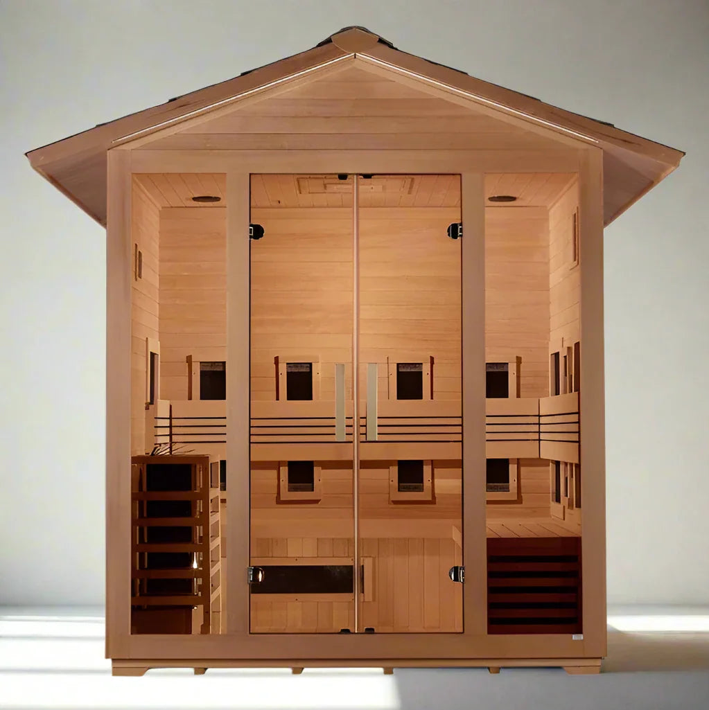 Golden Designs "Gargellen" 5 Person Hybrid (PureTech™ Full Spectrum IR or Traditional Stove) Outdoor Sauna - Canadian Hemlock