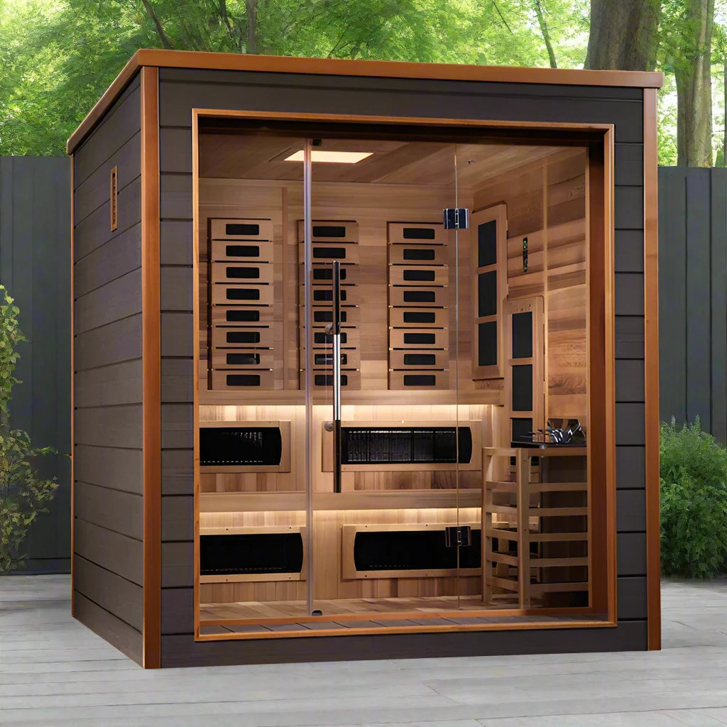 Golden Designs Harmonia 6-Person Outdoor Sauna with Full Spectrum Infrared Technology in Canadian Red Cedar.