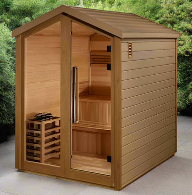 "Spacious 6-person traditional outdoor sauna by Golden Designs with luxurious Canadian Red Cedar interior and modern lighting features."