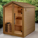 "Spacious 6-person traditional outdoor sauna by Golden Designs with luxurious Canadian Red Cedar interior and modern lighting features."