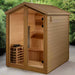 "Spacious 6-person traditional outdoor sauna by Golden Designs with luxurious Canadian Red Cedar interior and modern lighting features."