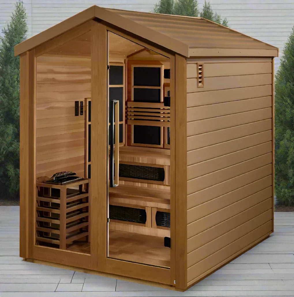 Golden Designs Kaskinen 6 Person Hybrid (PureTech™ Full Spectrum IR or Traditional Stove) Outdoor Sauna - Canadian Red Cedar Interior