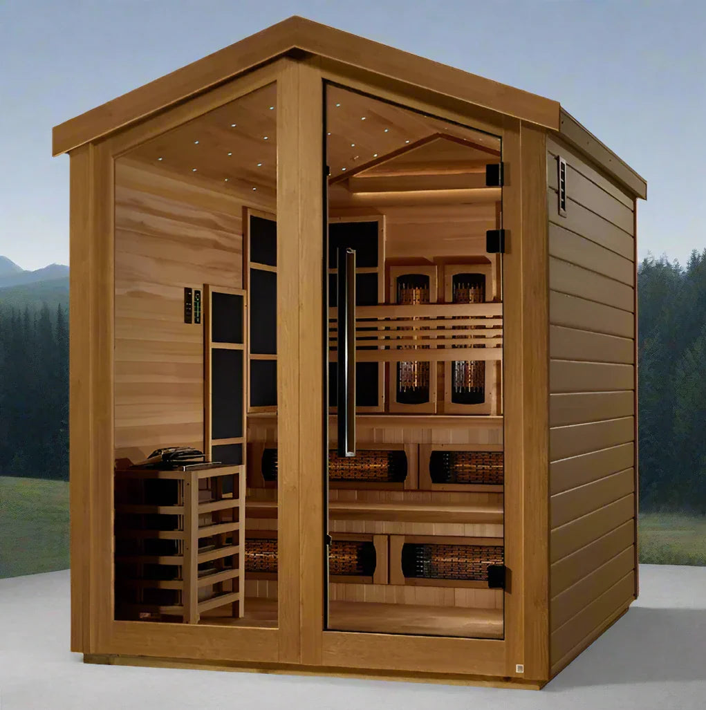 Golden Designs Kaskinen 6 Person Hybrid (PureTech™ Full Spectrum IR or Traditional Stove) Outdoor Sauna - Canadian Red Cedar Interior
