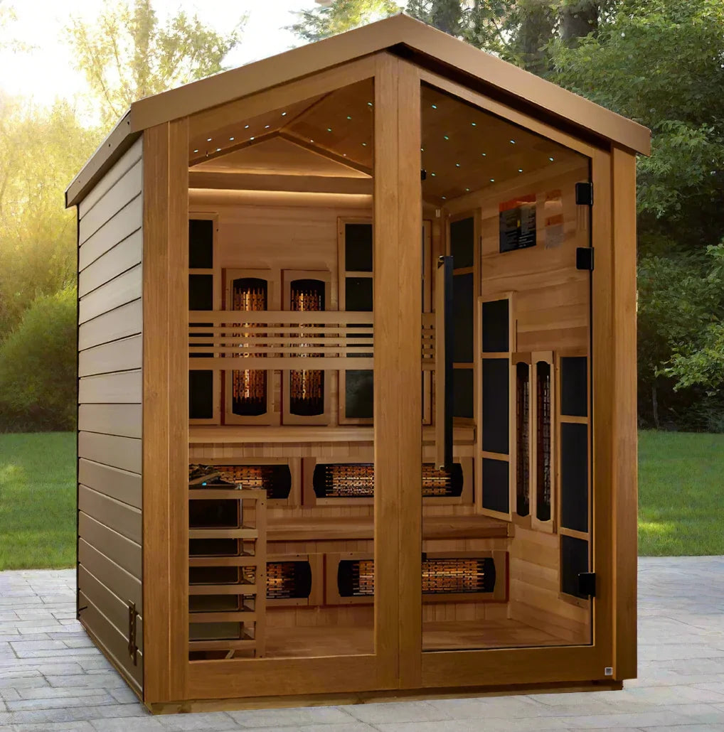 Golden Designs Kaskinen 6 Person Hybrid (PureTech™ Full Spectrum IR or Traditional Stove) Outdoor Sauna - Canadian Red Cedar Interior