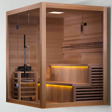 "Group of friends enjoying the luxurious and spacious Golden Designs Kuusamo Edition 6-Person Traditional Sauna, equipped with mood-enhancing chromotherapy and a high-quality sound system."