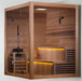 "Group of friends enjoying the luxurious and spacious Golden Designs Kuusamo Edition 6-Person Traditional Sauna, equipped with mood-enhancing chromotherapy and a high-quality sound system."
