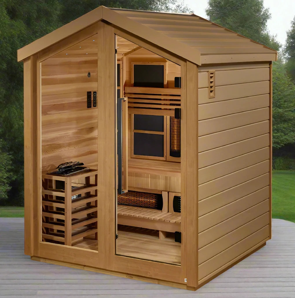 "Three-person hybrid outdoor sauna by Golden Designs with Canadian Red Cedar interior and advanced lighting system."