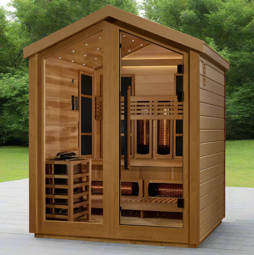 Golden Designs Loviisa 3 Person Hybrid (PureTech™ Full Spectrum IR or Traditional Stove) Outdoor Sauna - Canadian Red Cedar Interior
