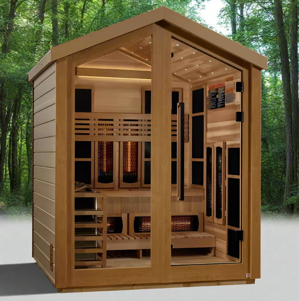 Golden Designs Loviisa 3 Person Hybrid (PureTech™ Full Spectrum IR or Traditional Stove) Outdoor Sauna - Canadian Red Cedar Interior