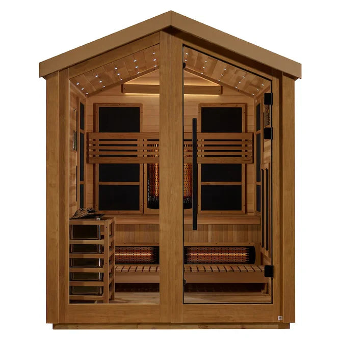 Golden Designs Loviisa 3 Person Hybrid (PureTech™ Full Spectrum IR or Traditional Stove) Outdoor Sauna - Canadian Red Cedar Interior