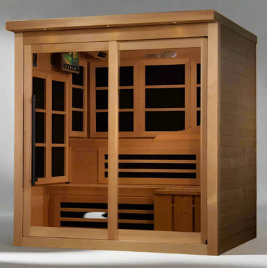 "Spacious 6-person Far Infrared Sauna by Golden Designs with low EMF technology and natural hemlock construction."