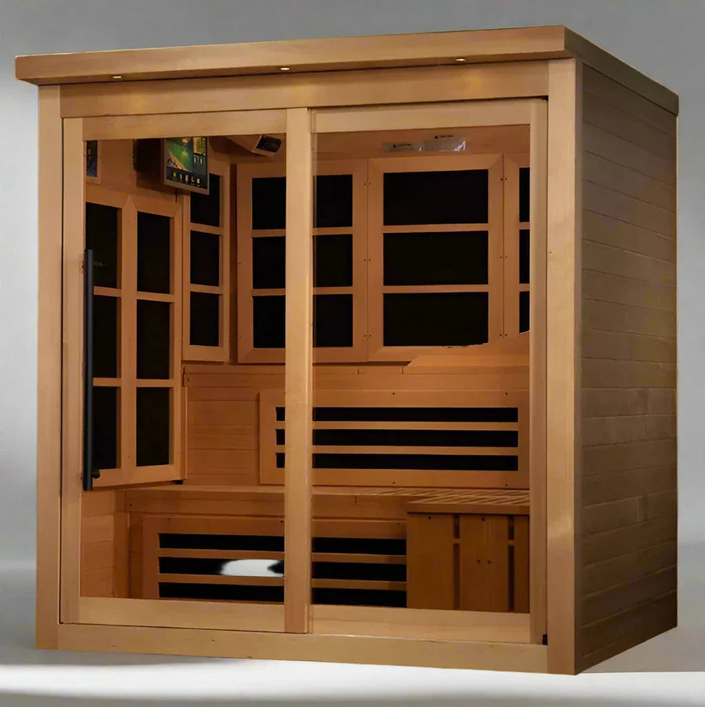 "Spacious 6-person Far Infrared Sauna by Golden Designs with low EMF technology and natural hemlock construction."