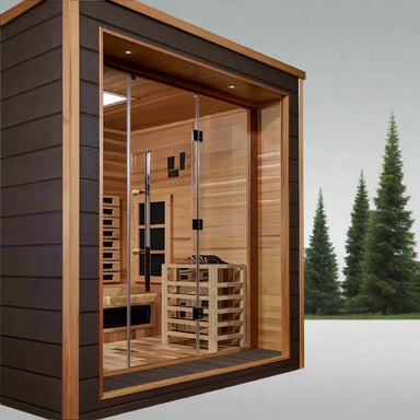 "Golden Designs NaturaLux 3-Person Hybrid Sauna with Canadian Red Cedar Interior and Full Spectrum IR technology."