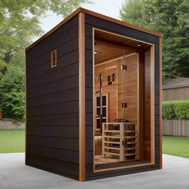 "Golden Designs Nora 2-Person Hybrid Outdoor Sauna with Canadian Red Cedar Interior and Full Spectrum IR technology."