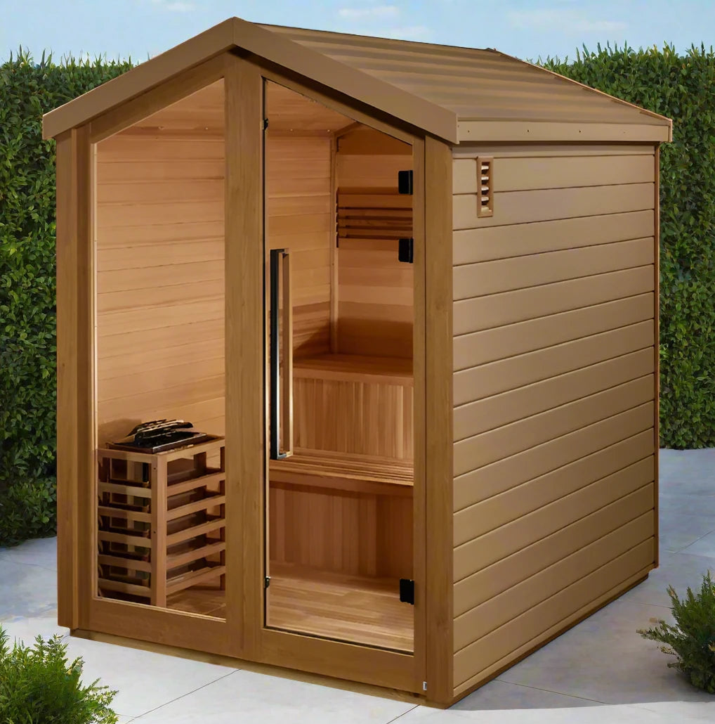 "Luxurious 3-person outdoor traditional sauna by Golden Designs featuring Canadian Red Cedar and advanced therapeutic lighting."