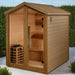"Luxurious 3-person outdoor traditional sauna by Golden Designs featuring Canadian Red Cedar and advanced therapeutic lighting."