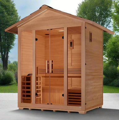 "Spacious 'Seefeld' 5-Person Traditional Outdoor Sauna by Golden Designs, featuring Canadian Hemlock construction and advanced chromotherapy lighting."