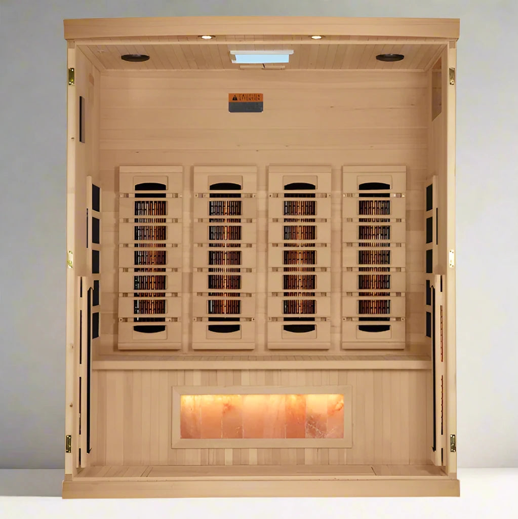  "Four friends enjoying the spacious and relaxing atmosphere in the Golden Designs Thermoway 4-Person Full Spectrum Infrared Sauna, complete with Himalayan salt bars and near-zero EMF technology."