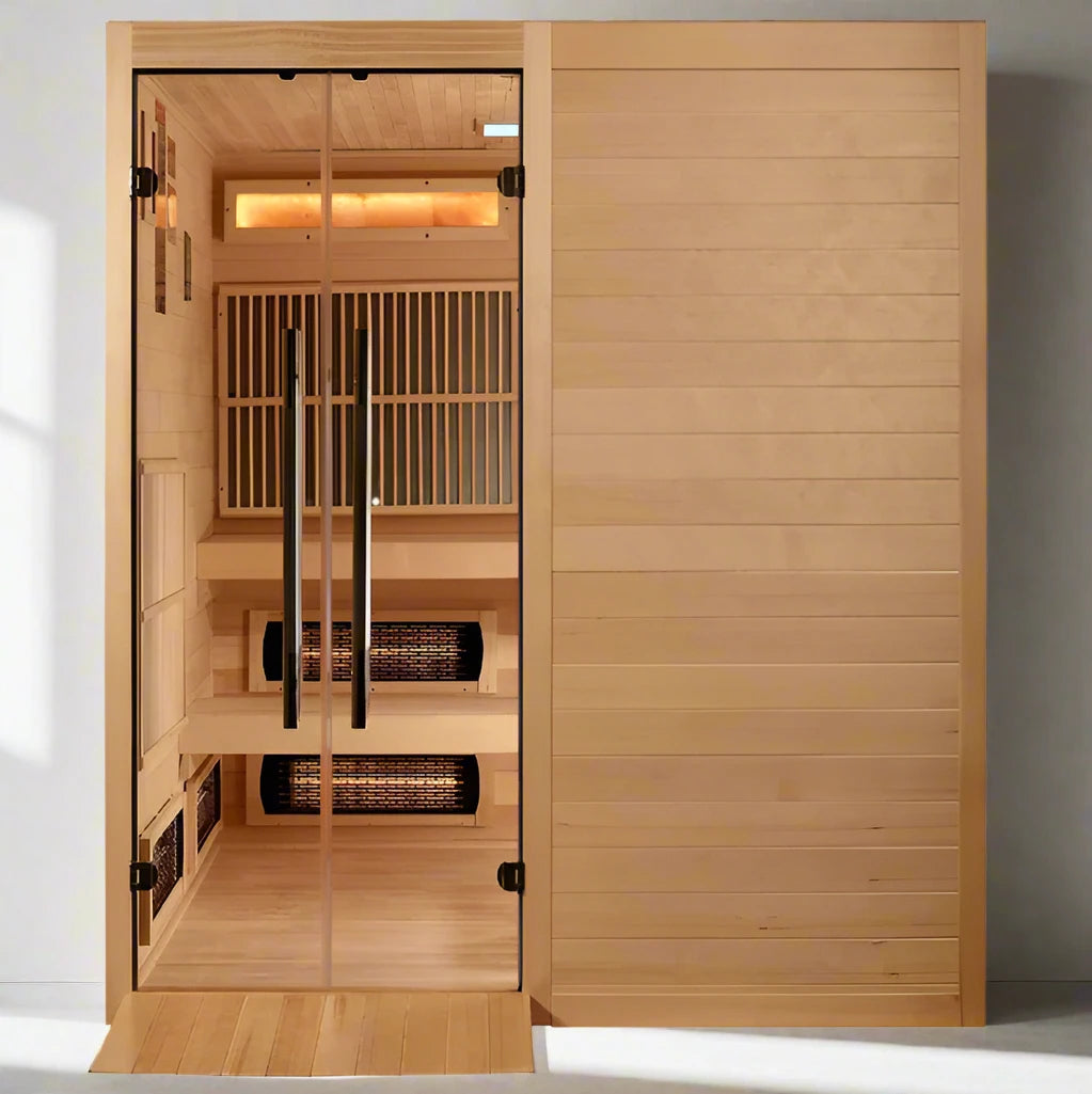 "Luxurious 6-person indoor hybrid sauna by Golden Designs featuring dual heating systems and modern Canadian Hemlock construction."