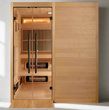 "Luxurious 6-person indoor hybrid sauna by Golden Designs featuring dual heating systems and modern Canadian Hemlock construction."