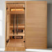 "Luxurious 6-person indoor hybrid sauna by Golden Designs featuring dual heating systems and modern Canadian Hemlock construction."