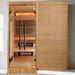 "Luxurious 6-person indoor hybrid sauna by Golden Designs featuring dual heating systems and modern Canadian Hemlock construction."