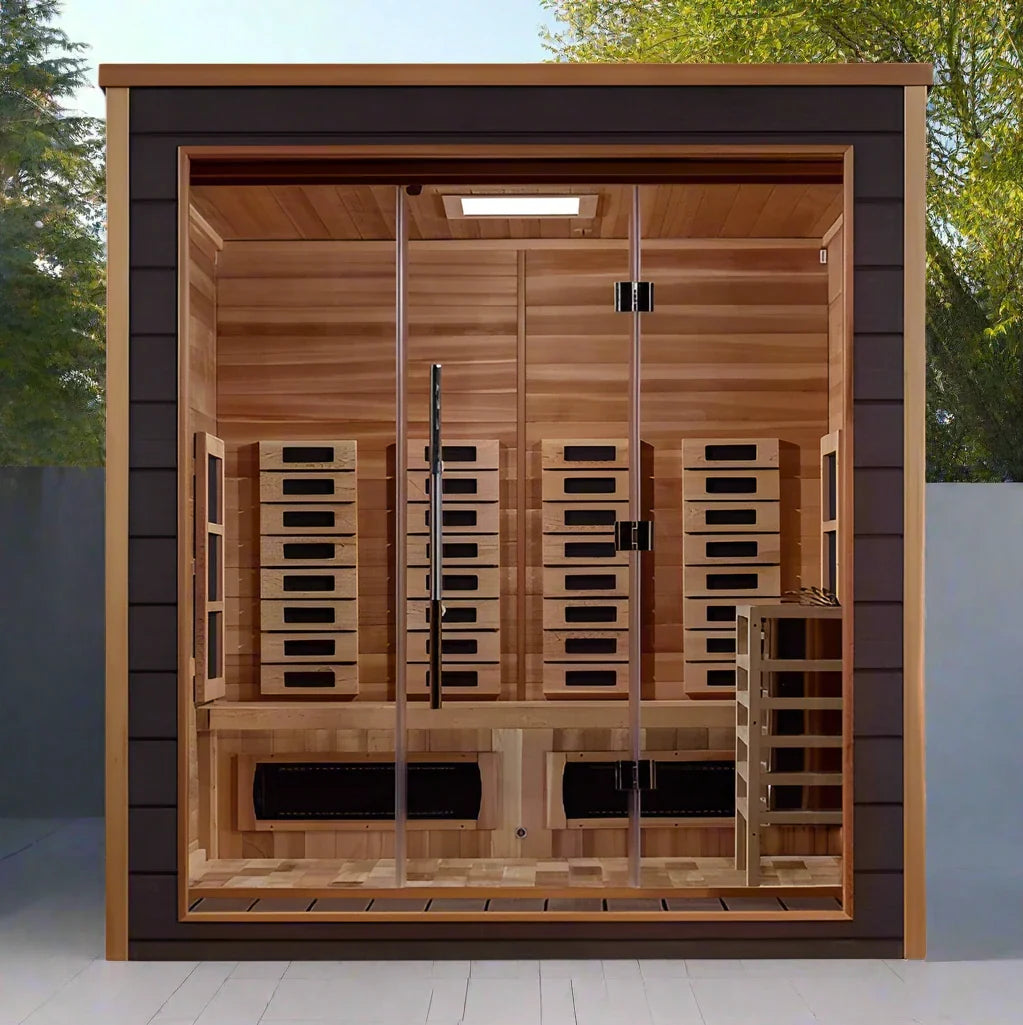 Golden Designs Visby 3 Person Hybrid (PureTech™ Full Spectrum IR or Traditional Stove) Outdoor Sauna - Canadian Red Cedar Interior