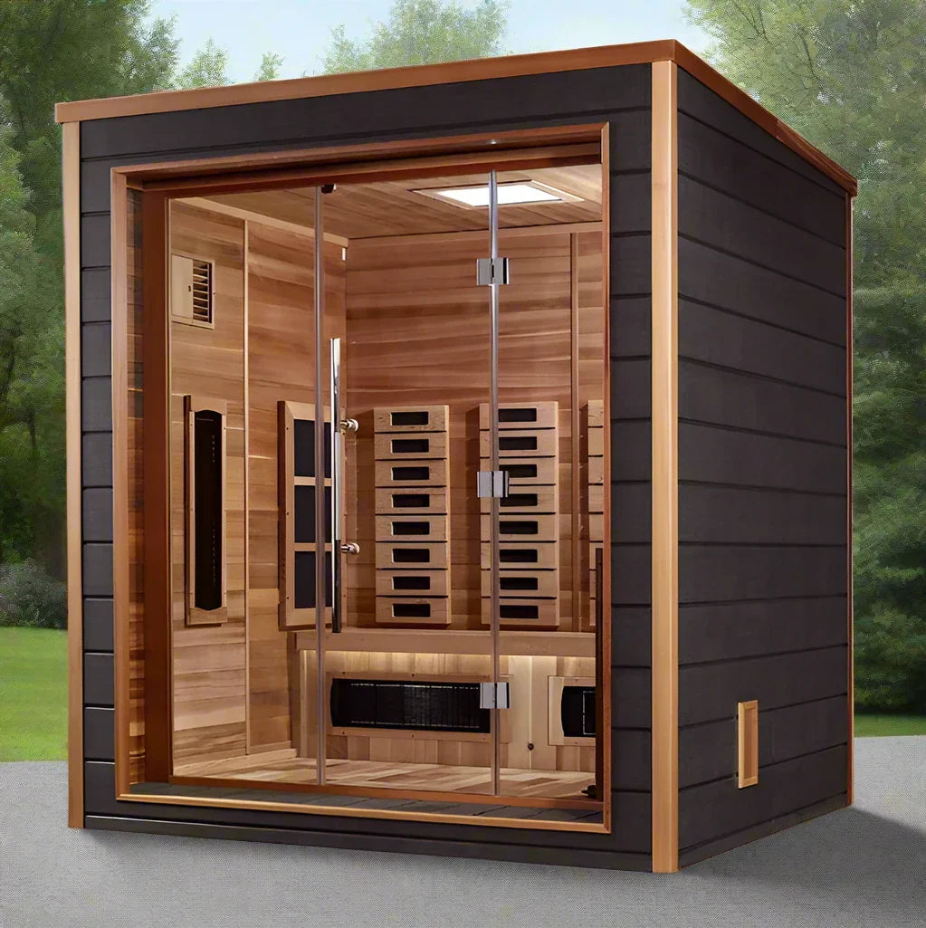 Golden Designs Visby 3 Person Hybrid (PureTech™ Full Spectrum IR or Traditional Stove) Outdoor Sauna - Canadian Red Cedar Interior