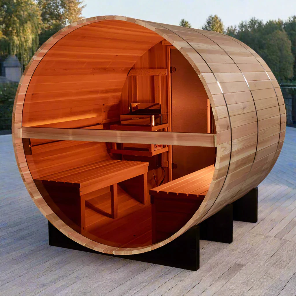 Golden Designs Zurich 4-Person Outdoor Barrel Sauna with Premium Pacific Cedar and Bronze Privacy Glass.