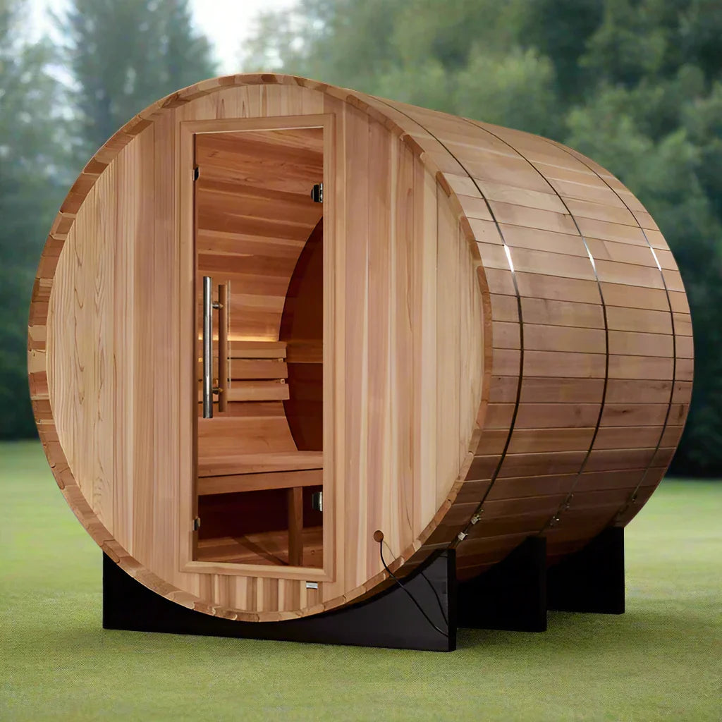 Golden Designs "Zurich" 4 Person Barrel with Bronze Privacy View - Traditional Steam Sauna - Pacific Cedar