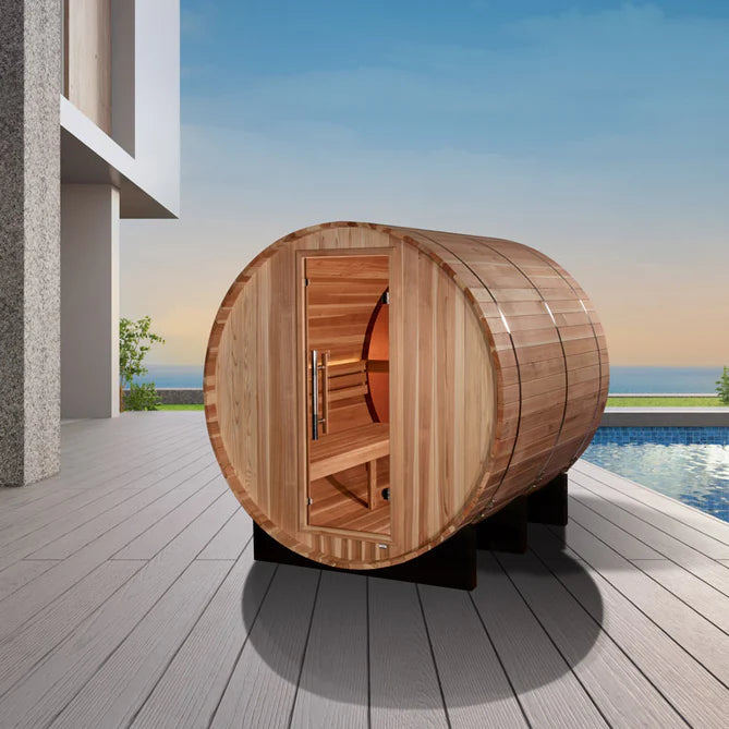Golden Designs "Zurich" 4 Person Barrel with Bronze Privacy View - Traditional Steam Sauna - Pacific Cedar