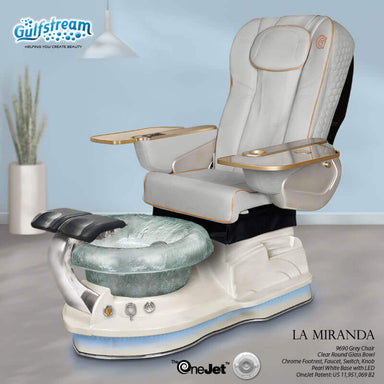 Gulfstream La Miranda pedicure chair in Grey with Pearl White base and Clear glass bowl