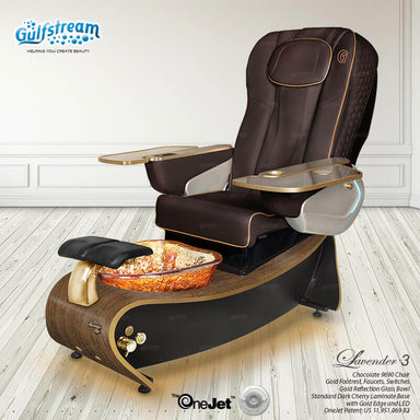 Gulfstream Lavender 3 pedicure chair in Chocolate with Dark Cherry base and Gold Reflection glass bowl