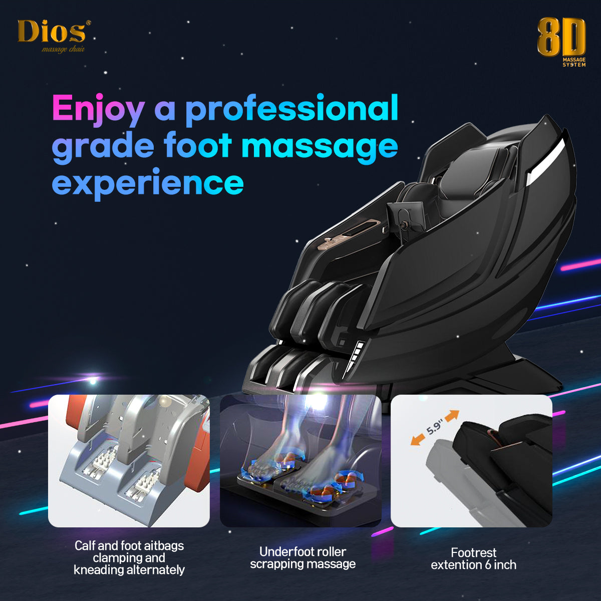 Dios black massage chair with calf airbags, underfoot rollers, and 6-inch extendable footrest for professional foot massage