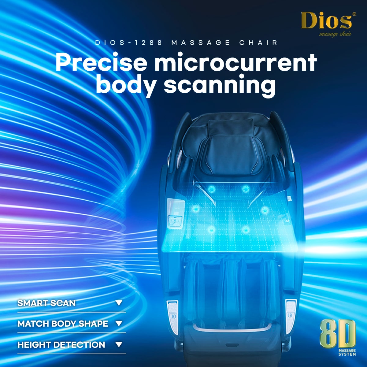 Dios-1288 massage chair top view showing cyan body scanning with smart scan, body shape matching, and height detection
