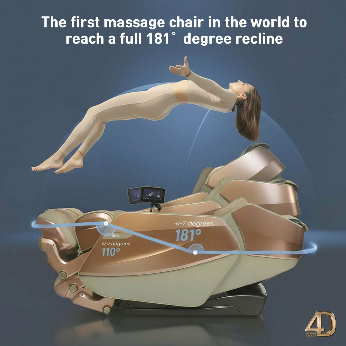 image of woman levitating above rose gold massage chair 